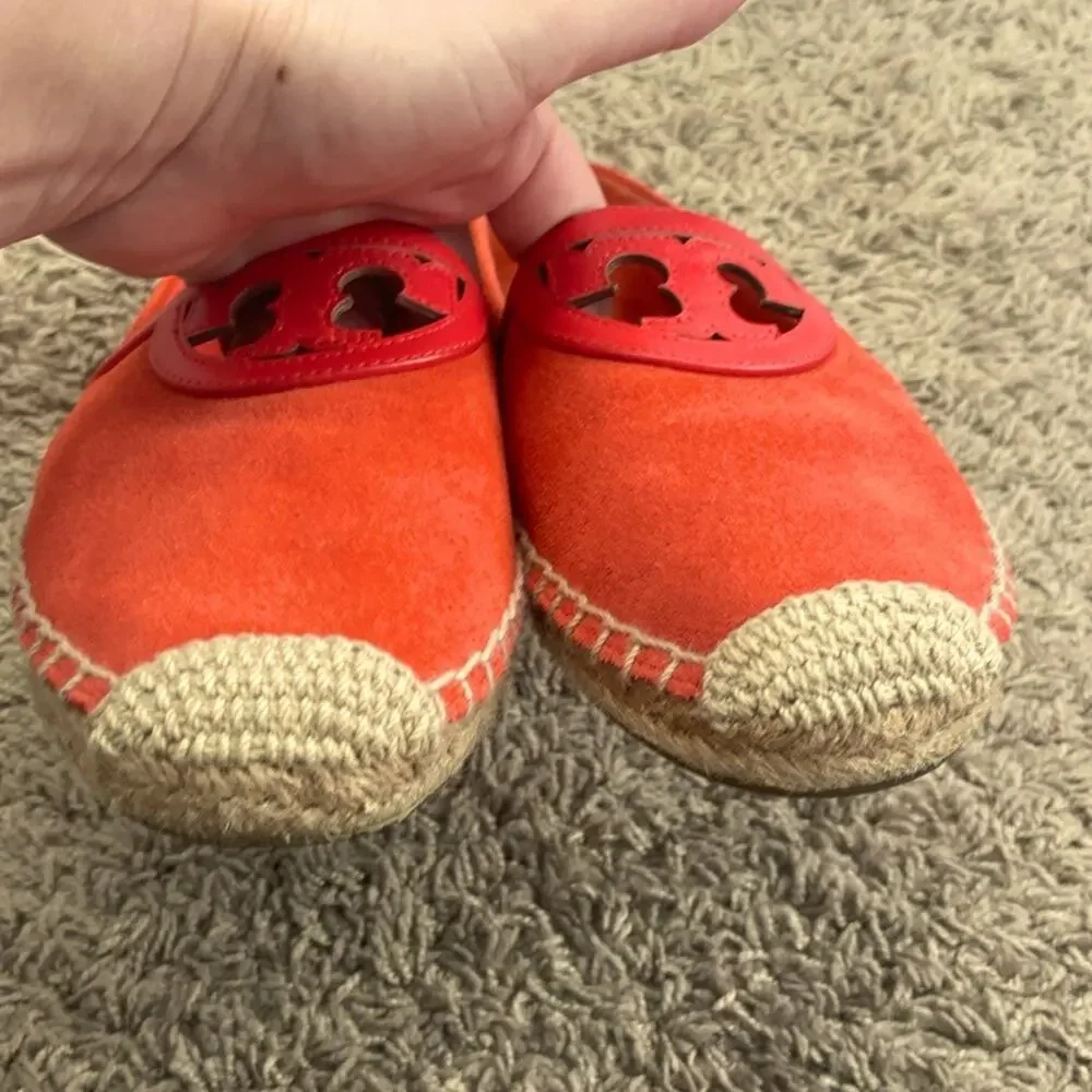 Tory Burch Women Red Canyon Suede Calf Leather Logo Espadrille Flats Size 7.5